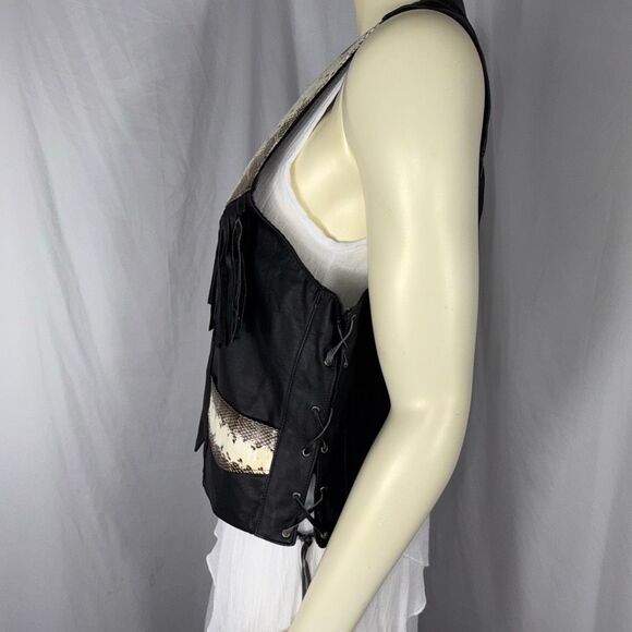 Vintage Black Leather Fringe Western Vest Snakeskin Inlay | USA Made L - Picture 5 of 16